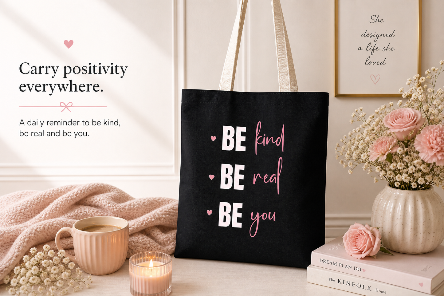 Tote Bag — "BE kind • BE real • BE you" Inspirational Canvas Tote
