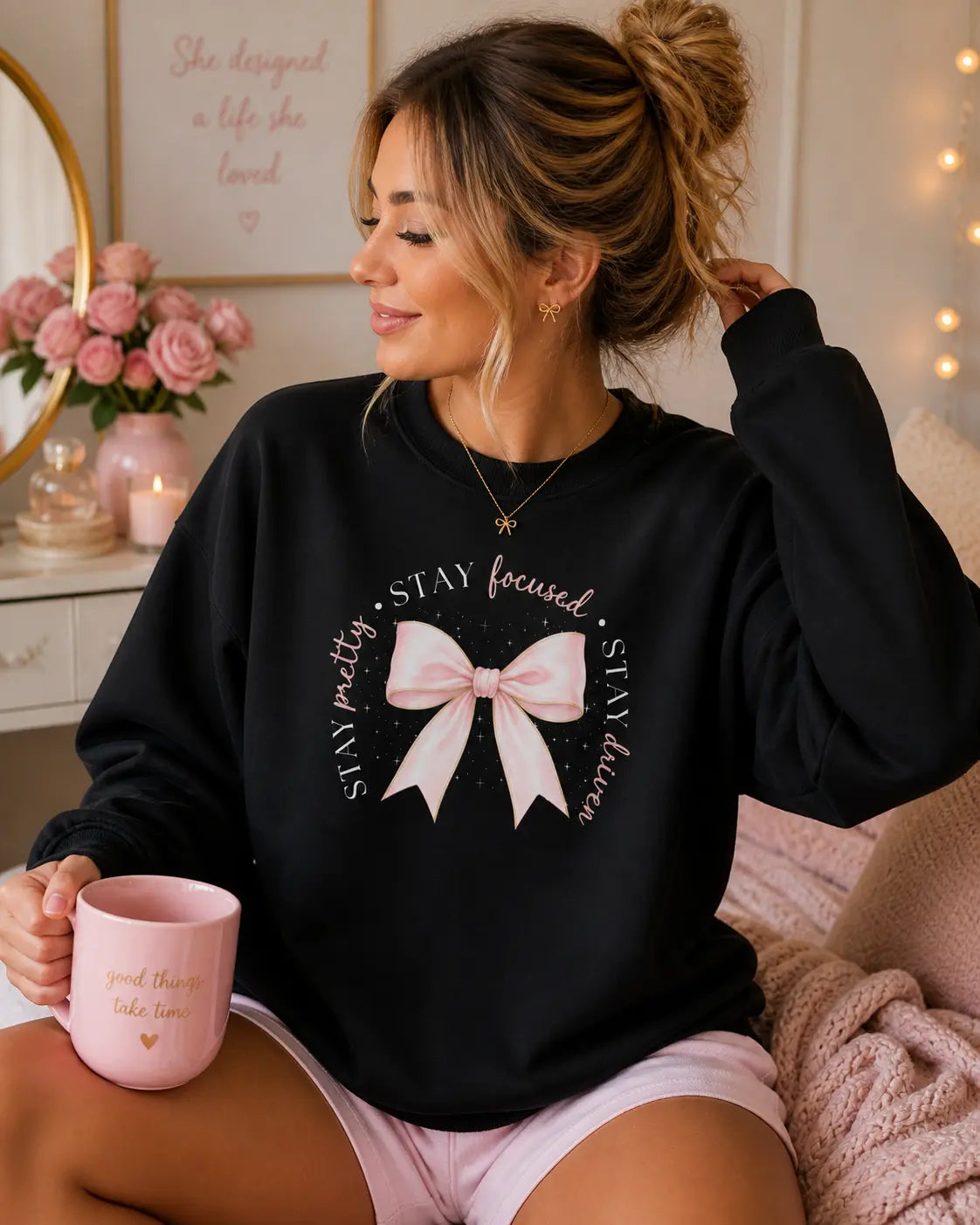 Pink Bow inspirational Sweatshirt | Stay Pretty Stay Focused Stay Driven Printify