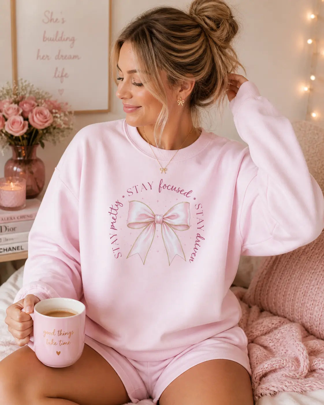 Pink Bow inspirational Sweatshirt | Stay Pretty Stay Focused Stay Driven Printify