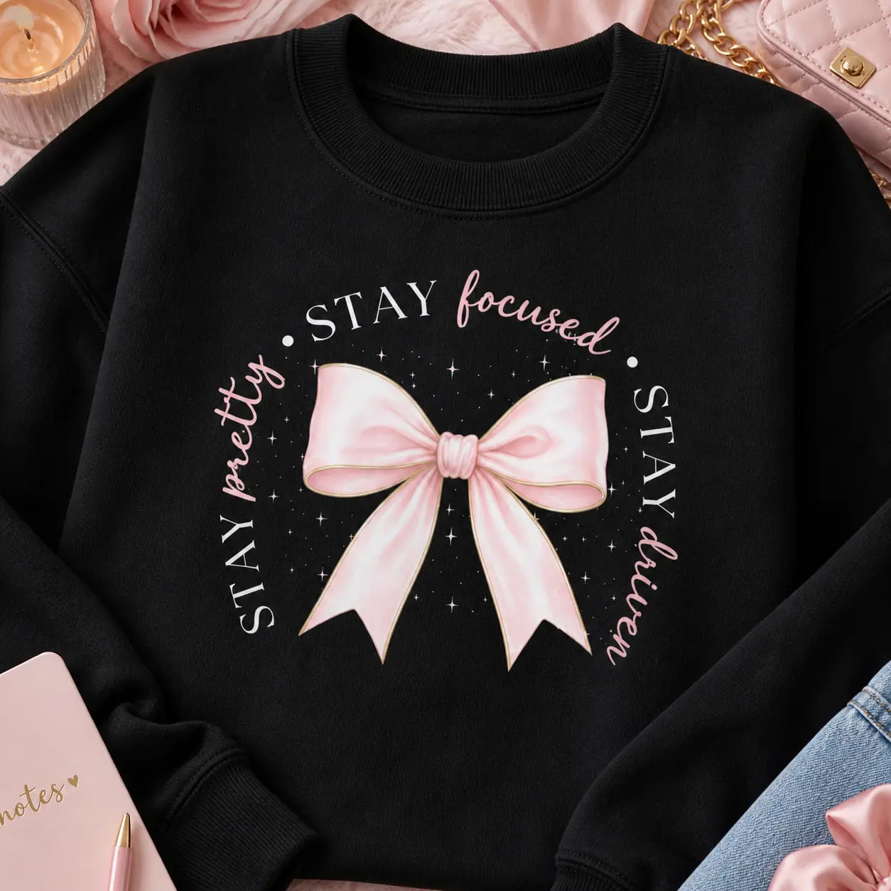 Pink Bow inspirational Sweatshirt | Stay Pretty Stay Focused Stay Driven Printify