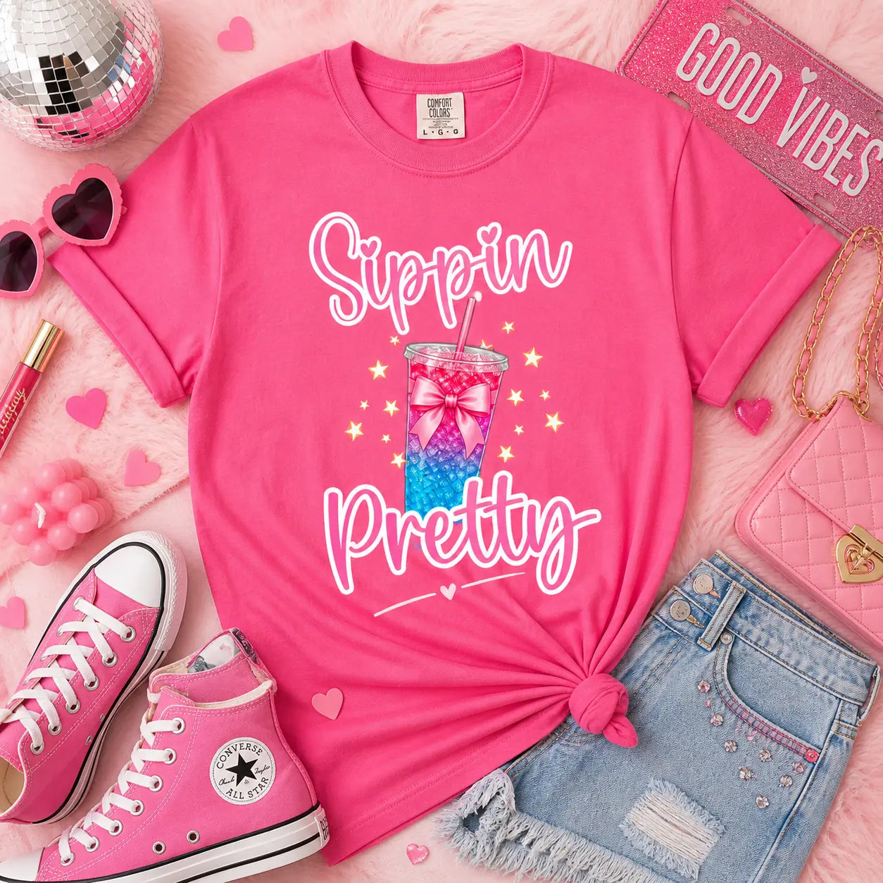 Sippin Pretty T-Shirt — Cute Pink & Blue Loaded Tea Graphic Tee Printify