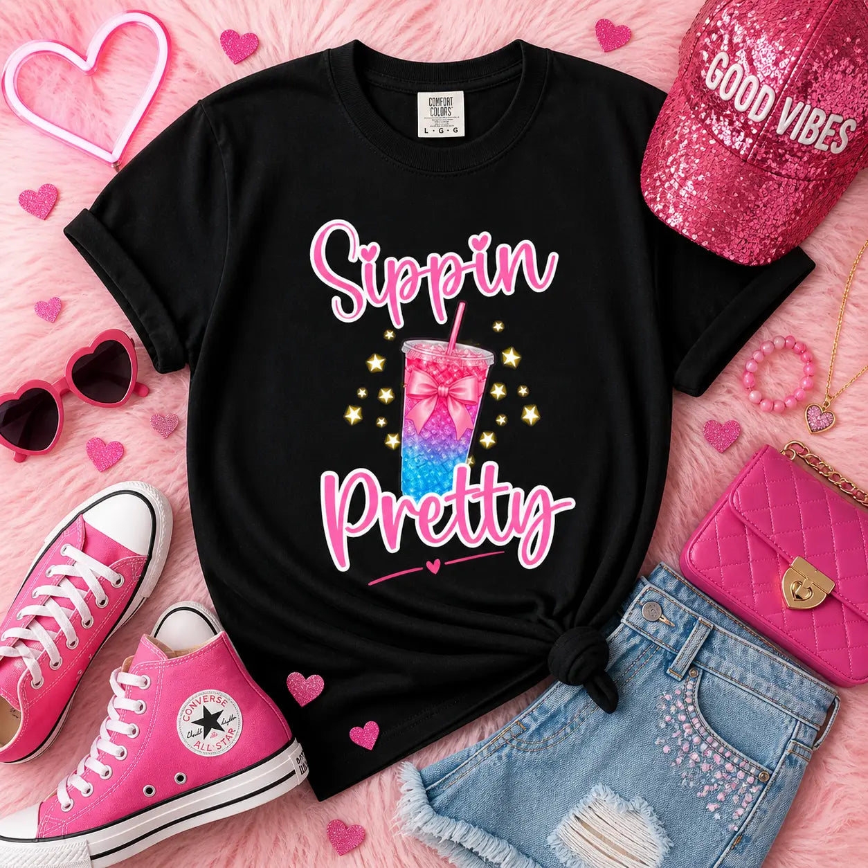 Sippin Pretty T-Shirt — Cute Pink & Blue Loaded Tea Graphic Tee Printify