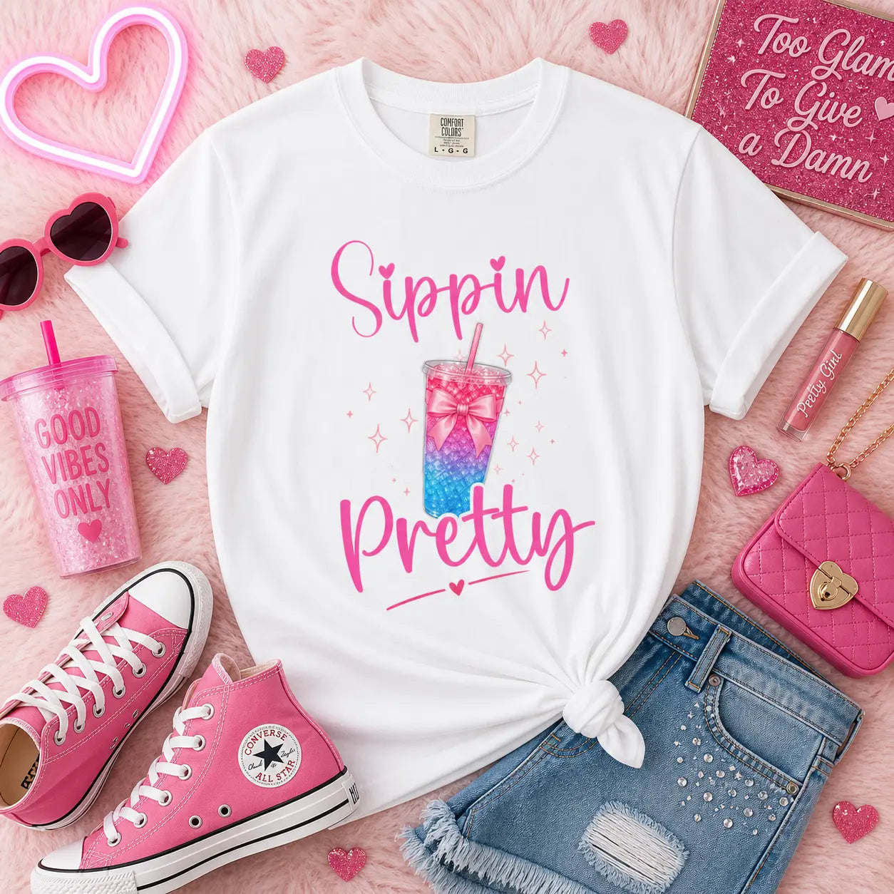 Sippin Pretty T-Shirt — Cute Pink & Blue Loaded Tea Graphic Tee Printify