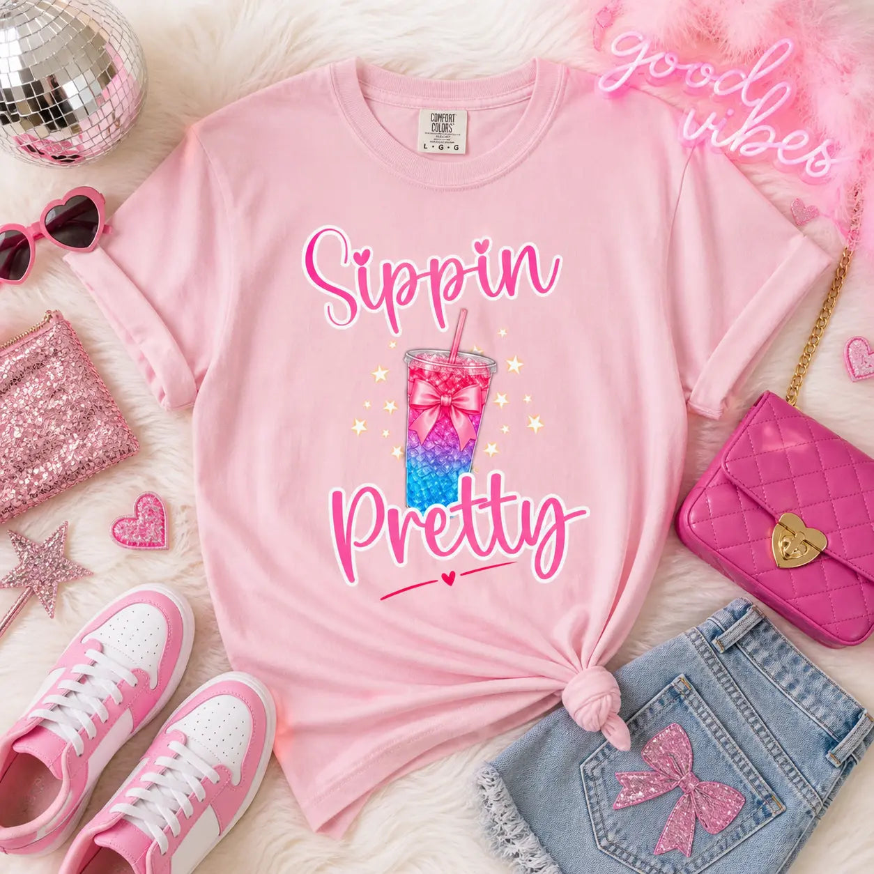 Sippin Pretty T-Shirt — Cute Pink & Blue Loaded Tea Graphic Tee Printify