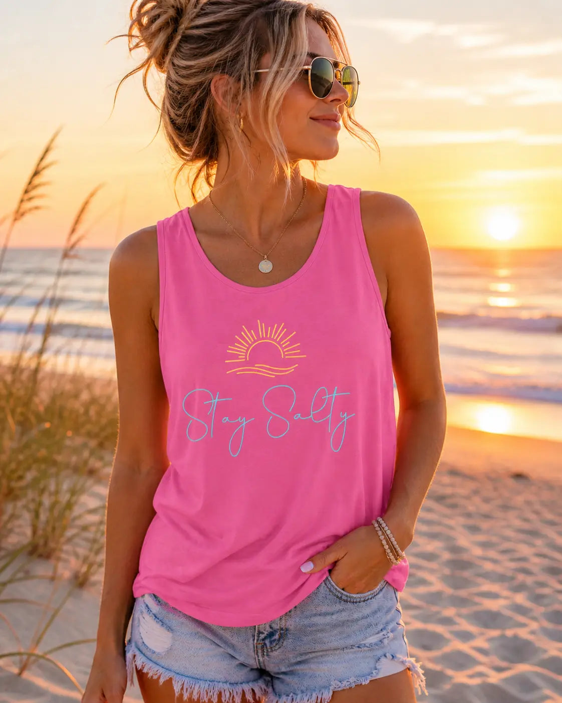 Stay Salty Tank Top — Beachy Sun Script Tank Printify