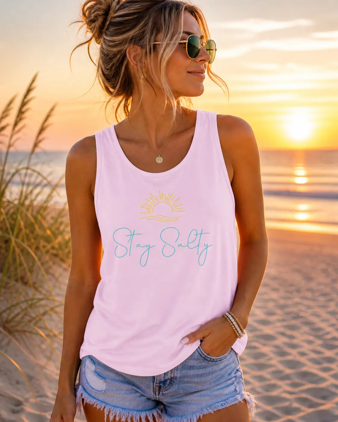 Stay Salty Tank Top — Beachy Sun Script Tank Printify
