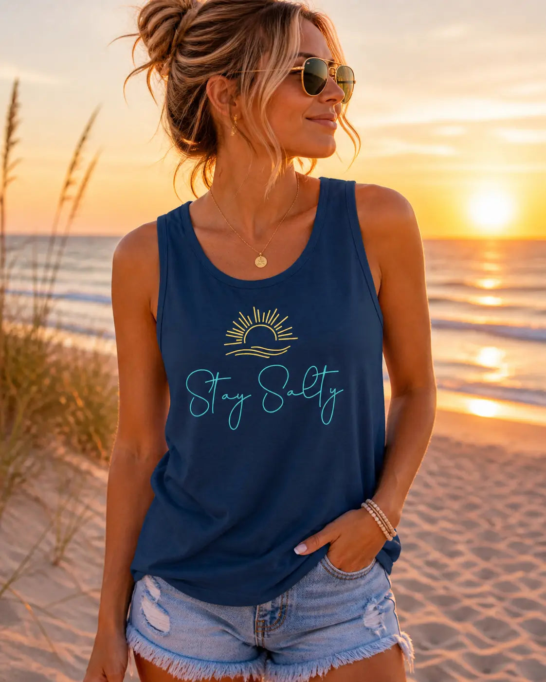 Stay Salty Tank Top — Beachy Sun Script Tank Printify