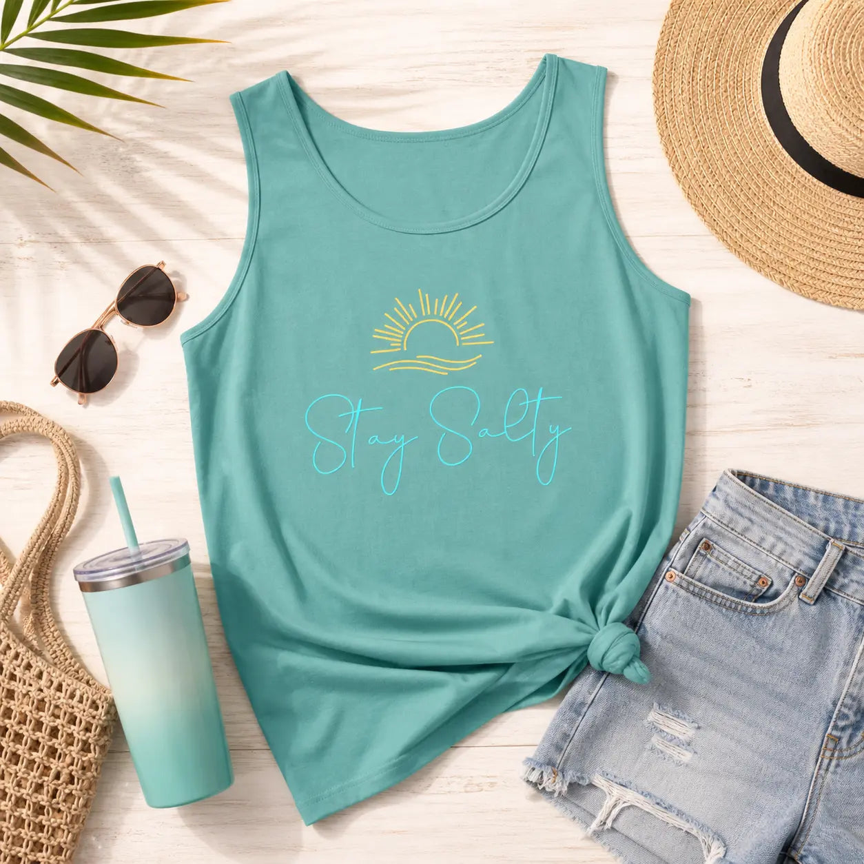 Stay Salty Tank Top — Beachy Sun Script Tank Printify