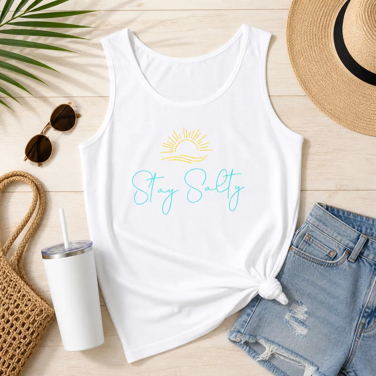 Stay Salty Tank Top — Beachy Sun Script Tank Printify