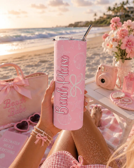 Pink Seashell 20oz Stainless Tumbler — Beach Please Skinny Tumbler Printify