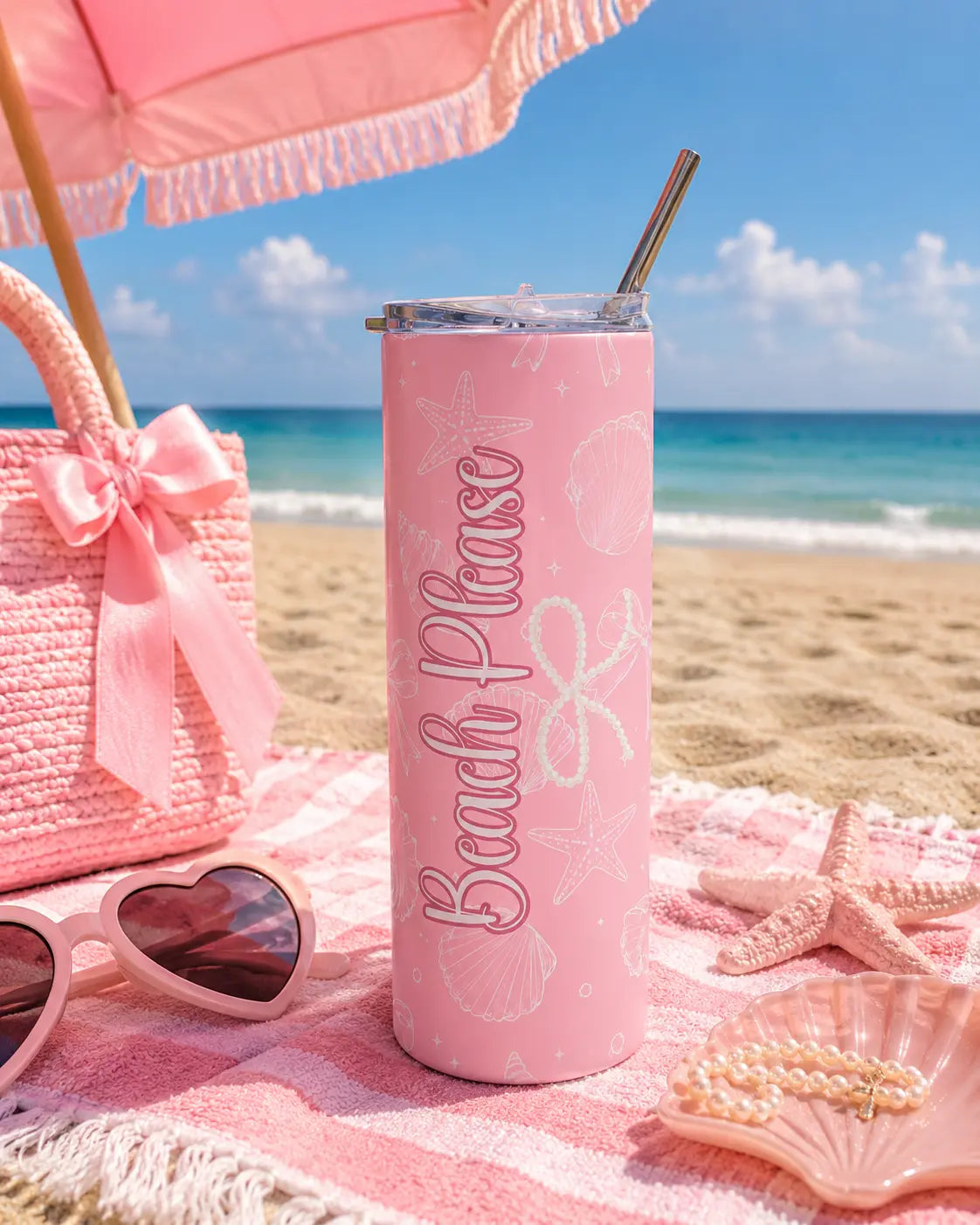 Pink Seashell 20oz Stainless Tumbler — Beach Please Skinny Tumbler Printify