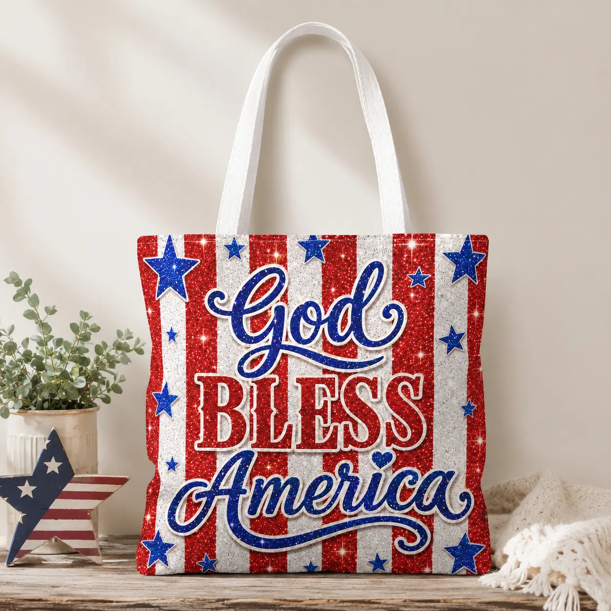 Patriotic Tote Bag - "God Bless America" Stars & Stripes Printify