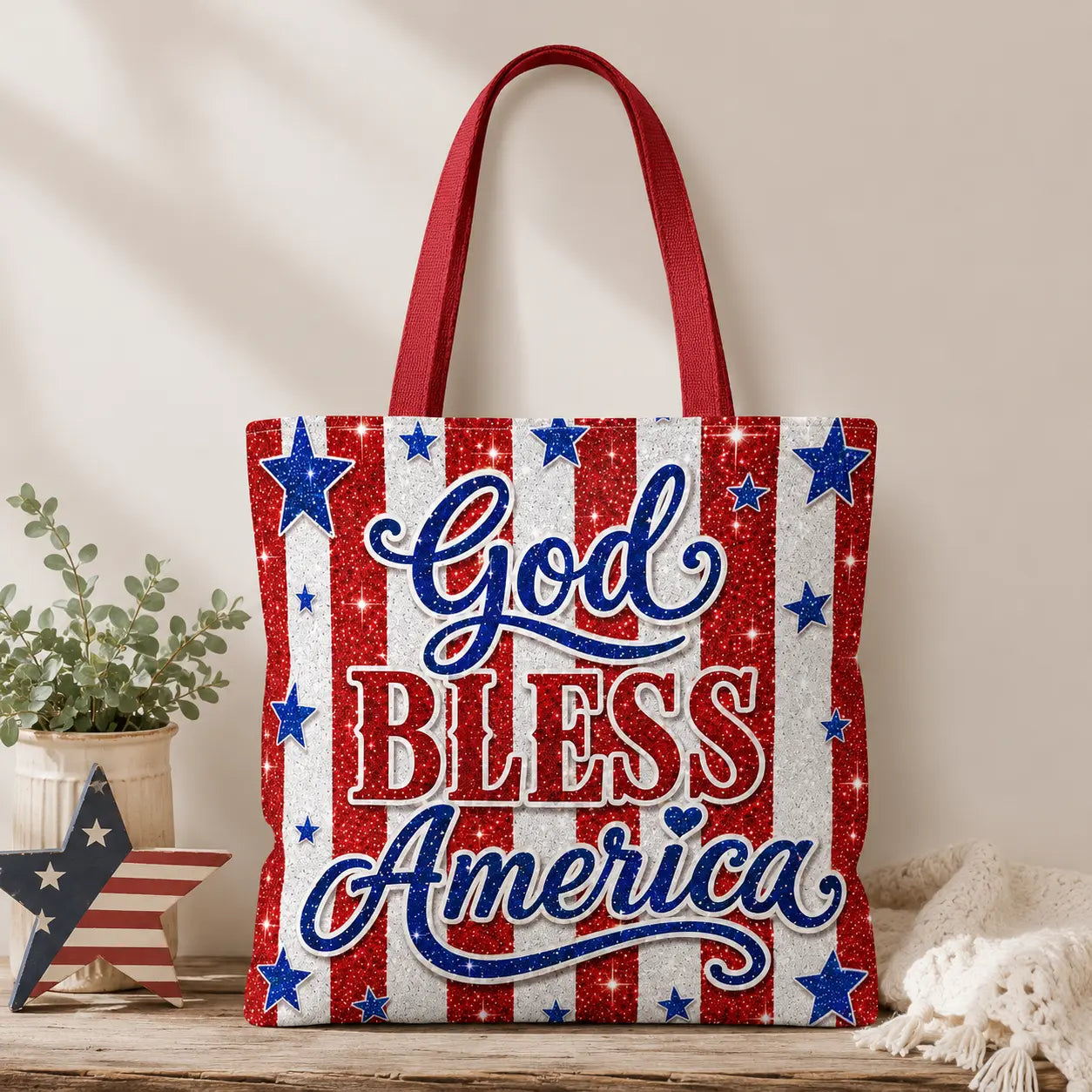 Patriotic Tote Bag - "God Bless America" Stars & Stripes Printify