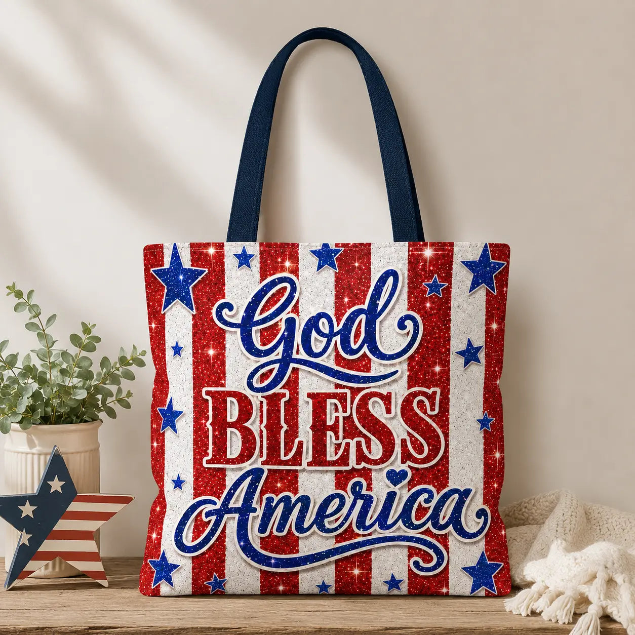Patriotic Tote Bag - "God Bless America" Stars & Stripes Printify