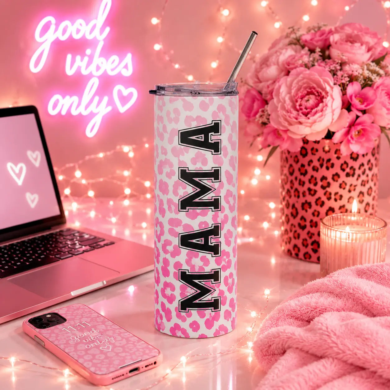 Mama Pink Leopard 20oz Stainless Steel Tumbler Printify