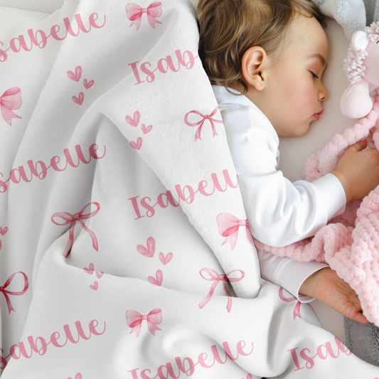 Personalized Pink Bow Blanket, Custom Name Swaddle, Monogrammed Infant Newborn Hospital Throw, Coquette Girl Nursery Decor, Baby Shower Gift