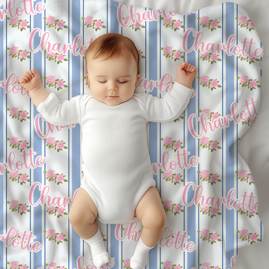Personalized Blue Striped Name Blanket with roses