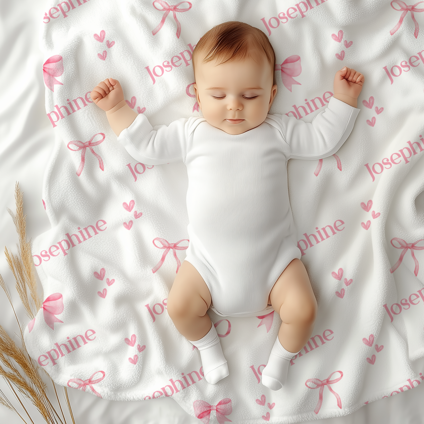 Personalized Pink Bow Blanket, Custom Name Swaddle, Monogrammed Infant Newborn Hospital Throw, Coquette Girl Nursery Decor, Baby Shower Gift