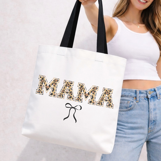 Mama Leopard Print Tote Bag with black bow