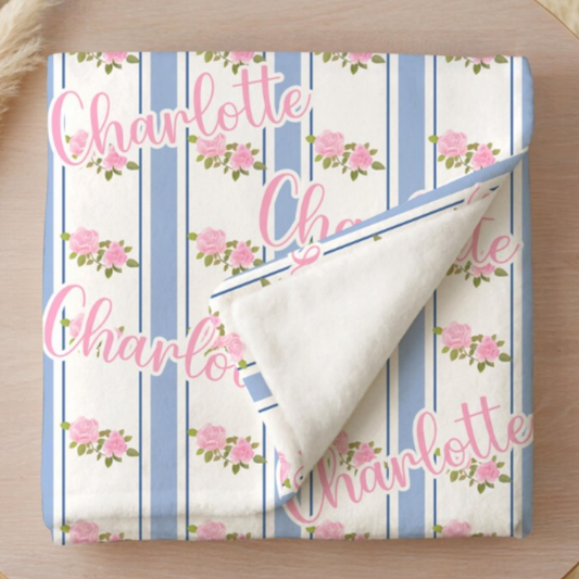 Personalized Blue Striped Name Blanket with roses